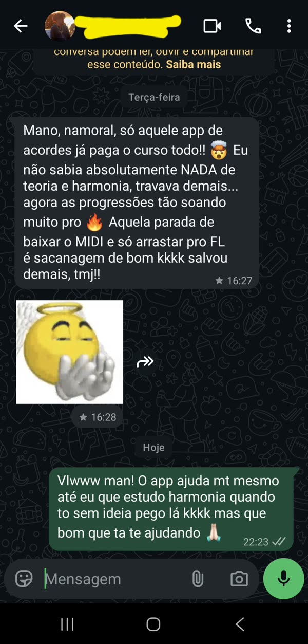 Depoimento de aluno sobre app de acordes